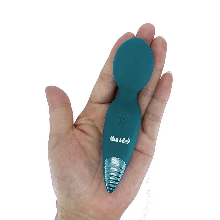 Adam & Eve Dew Drop Wand Massager, a petite silicone rechargeable wand with angled tip